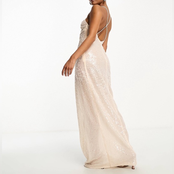 4th + Reckless Nude Sequins Cross Back Maxi BEC Dress Size: Medium - Picture 2 of 14